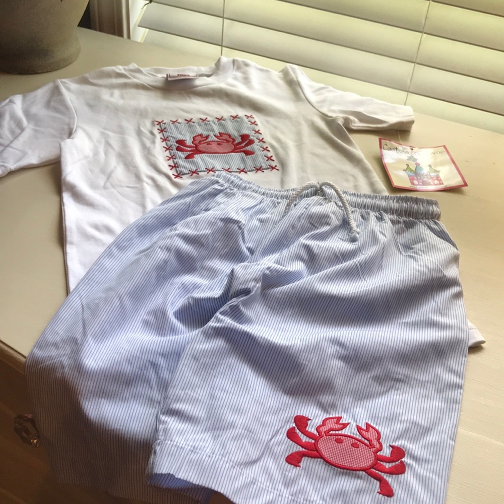 Boys Tee & matching swim shorts.  Crab Appliqué